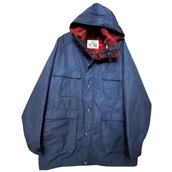 Woolrich Vtg Blue Barn Coat Red Wool Plaid Lining 1960’s Men Sz L USA Gorpcore - Picture 1 of 16